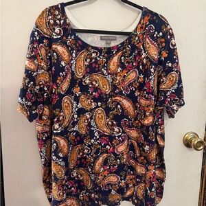 Jessica London Navy and Orange Paisley Short Sleeve Top